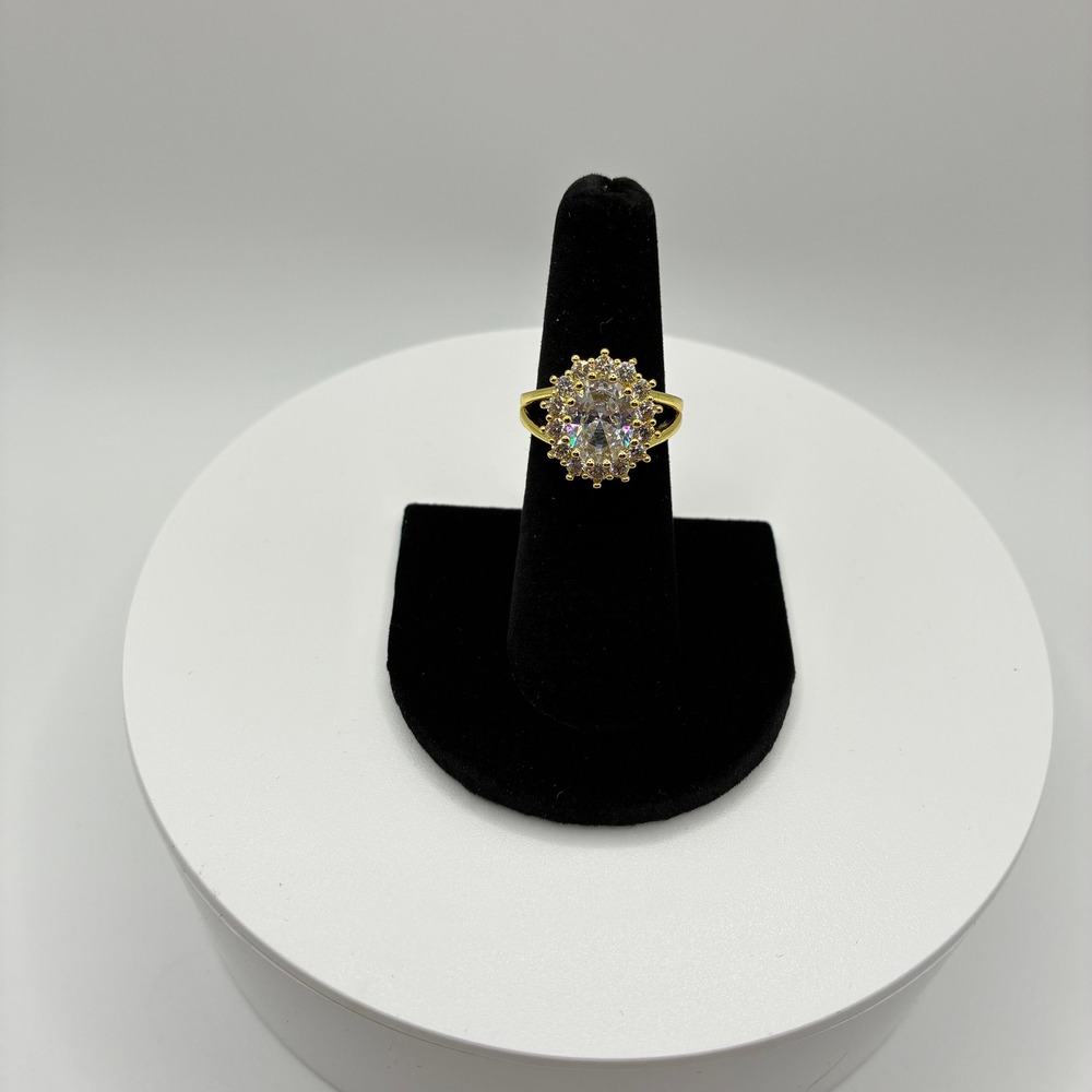 Women's Adjustable Ring Size 6 Gold Oval Crystal Halo Cocktail Split Shank Ring